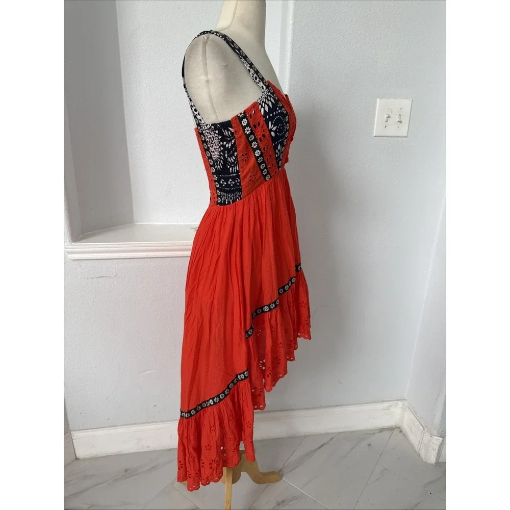 Free People‎ Midi Dress 0 Red Eyelet Bossa Nova Boho Hi-Low Embroidered Festival